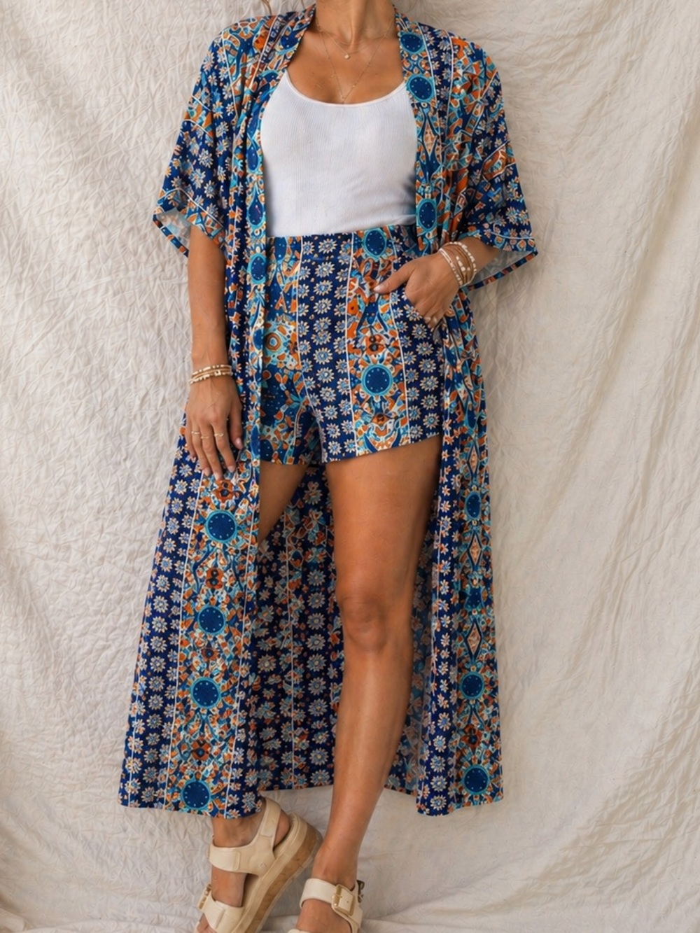 Boho Matching Set XL | Silky Kimono + High Waisted Shorts | Resort Wear